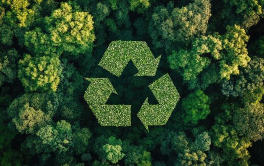 Wald mit dem Symbol der Kreislaufwirtschaft